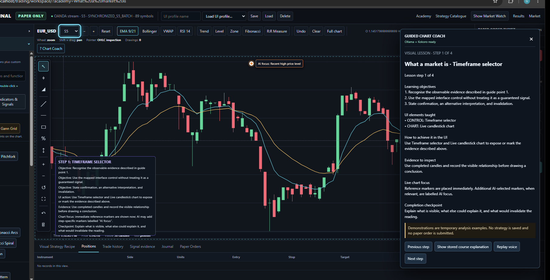 Signal Veritas Trader paper workspace with chart tools, indicators, market watch and guided chart coach
